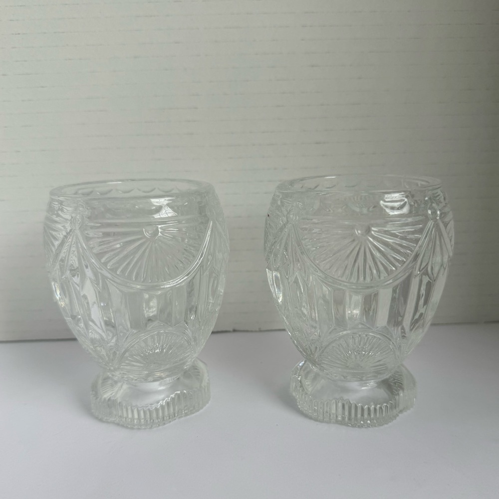 Vintage Crystal Clear Industries Fan Pattern Footed Votive Glass Candleholders 2